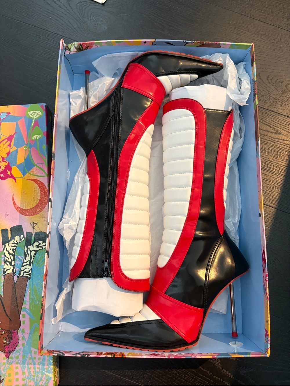 Jeffrey Campbell Red, Black & White Quilted Knee Boots
